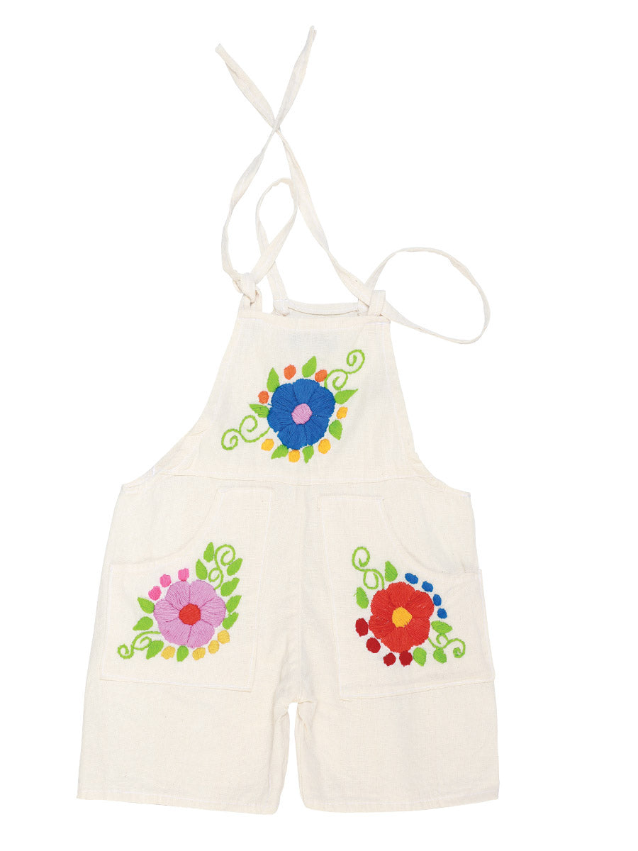 Artisanal Embroidered Overalls Short  100% Cotton Beige 603584